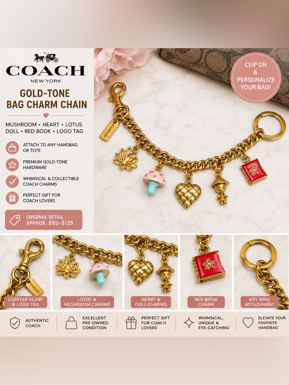 Coach Gold-Tone Charm Bracelet with Pink & Blue Mushroom and Red Book Charms